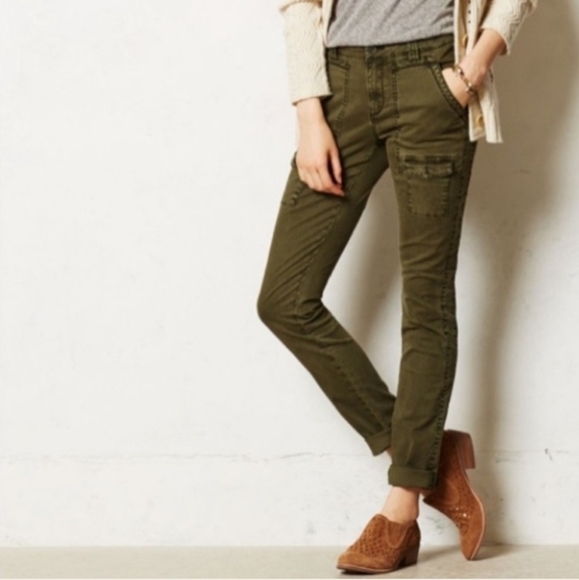 {Anthro} Pilcro & the Letterpress Tiri Olive Cargo Pants Women's Size 4 Petite - Picture 2 of 12
